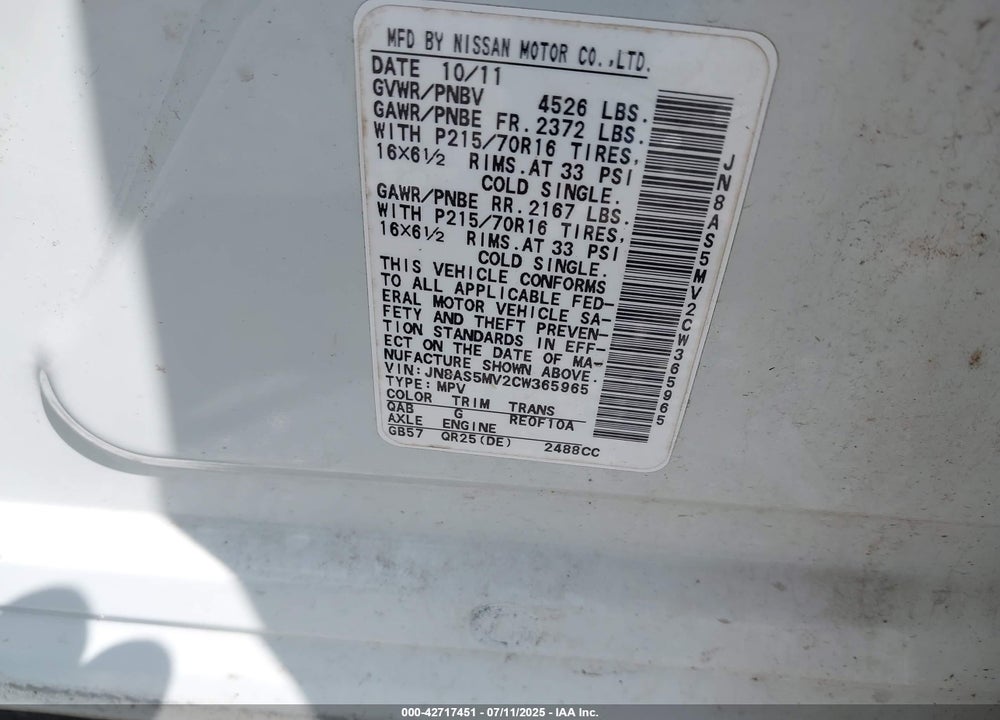 2012 NISSAN ROGUE VIN: JN8AS5MV2CW365965