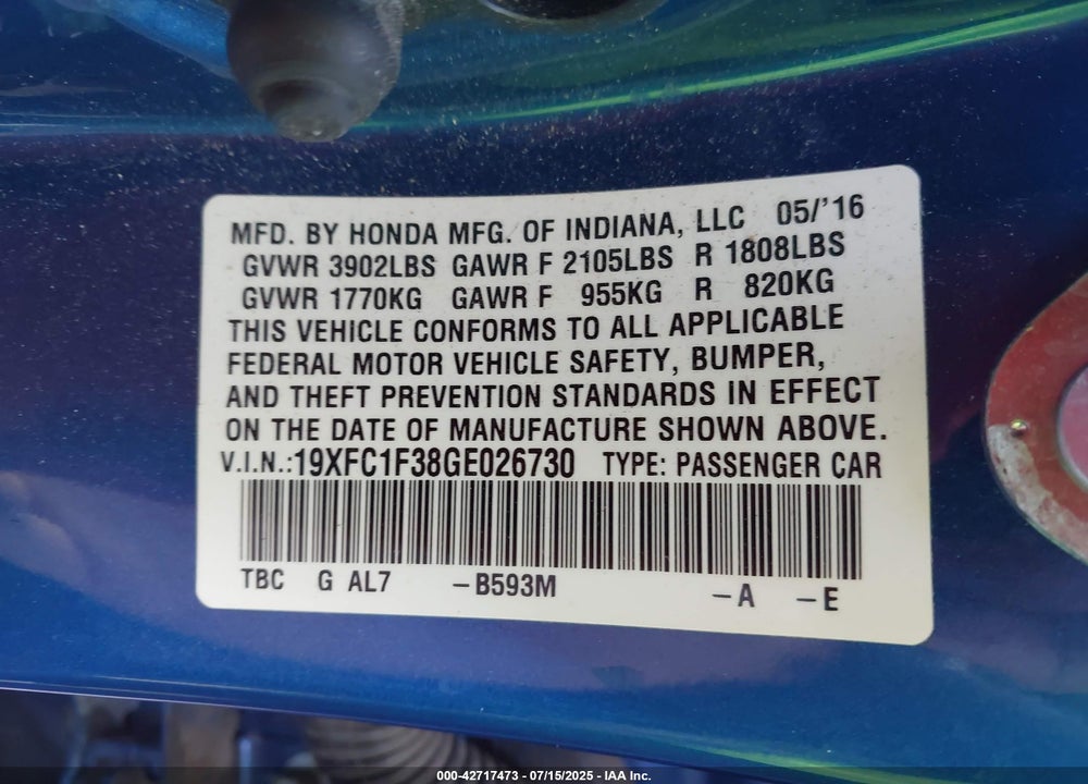 2016 HONDA CIVIC VIN: 19XFC1F38GE026730