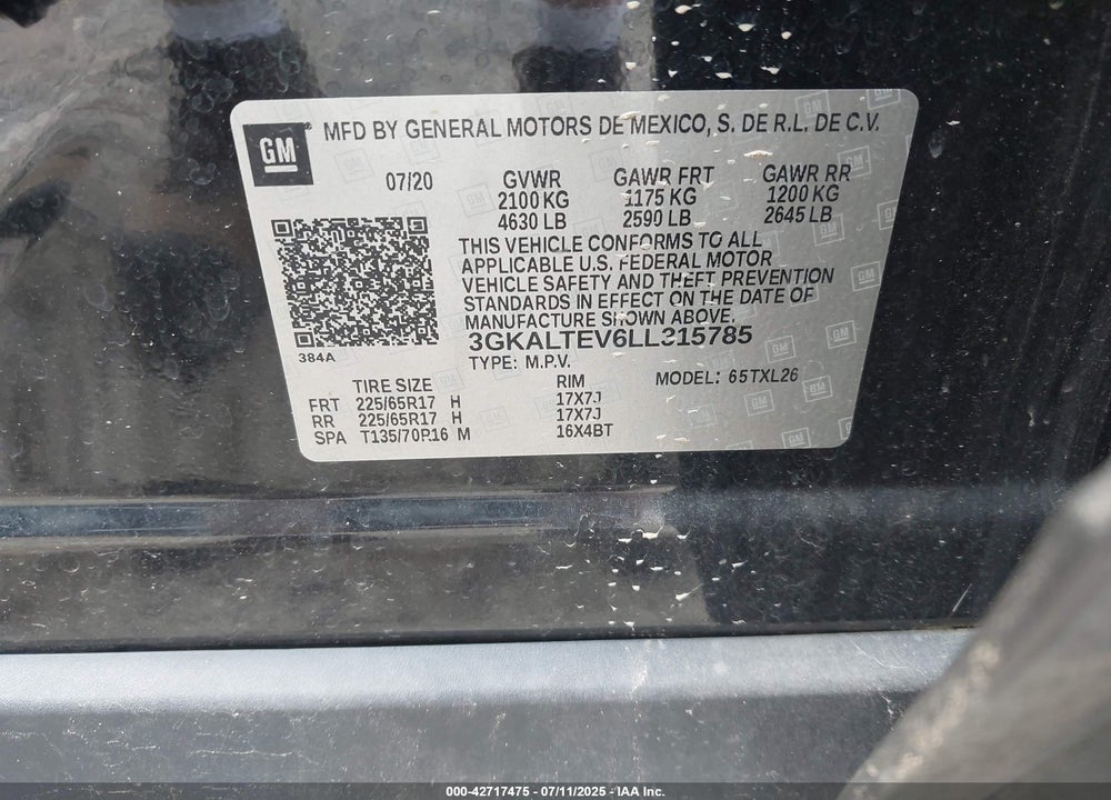 2020 GMC TERRAIN VIN: 3GKALTEV6LL315785