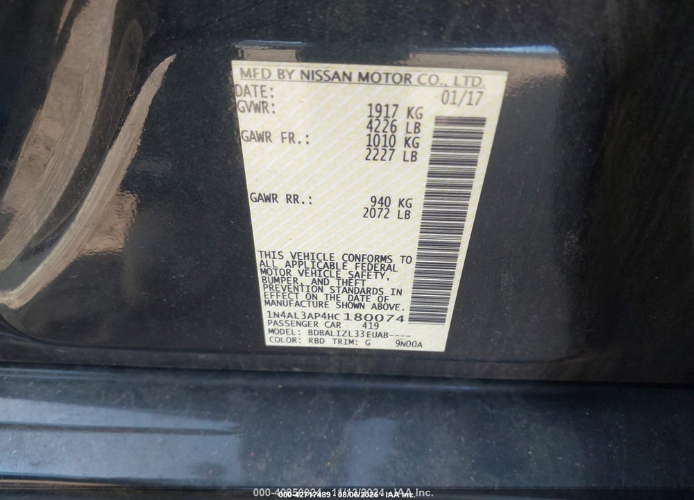 2017 NISSAN ALTIMA VIN: 1N4AL3AP4HC180074