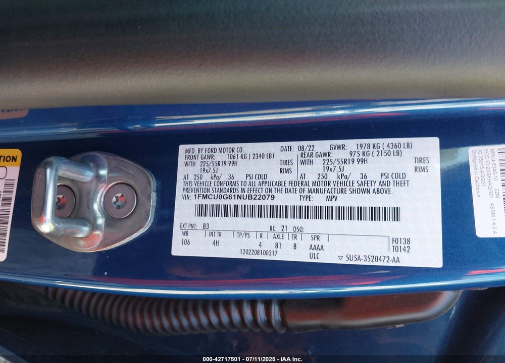 2022 FORD ESCAPE SE VIN: 1FMCU0G61NUB22079