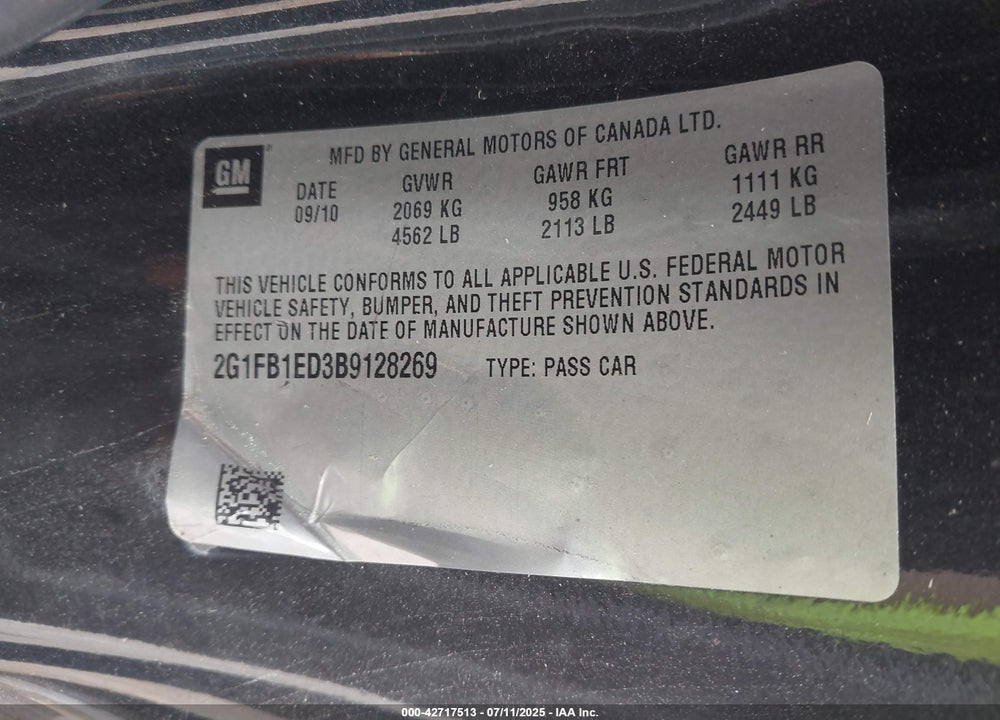 2011 CHEVROLET CAMARO VIN: 2G1FB1ED3B9128269