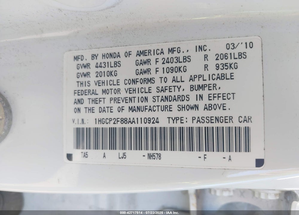 2010 HONDA ACCORD 2.4 EX-L VIN: 1HGCP2F88AA110924