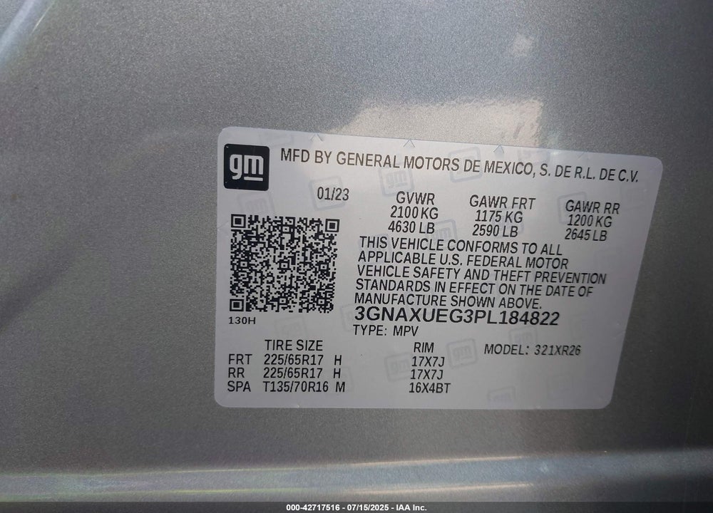 2023 CHEVROLET EQUINOX VIN: 3GNAXUEG3PL184822