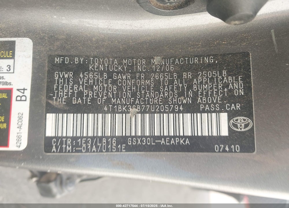 2007 TOYOTA AVALON LIMITED VIN: 4T1BK36B77U205794
