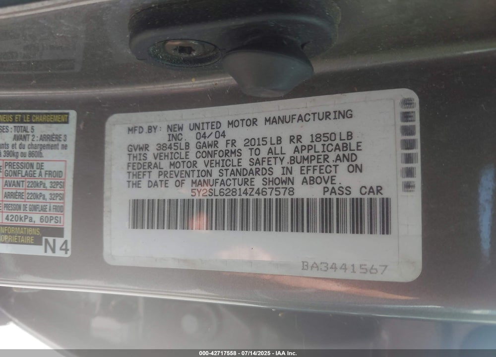 2004 PONTIAC VIBE VIN: 5Y2SL62814Z467578