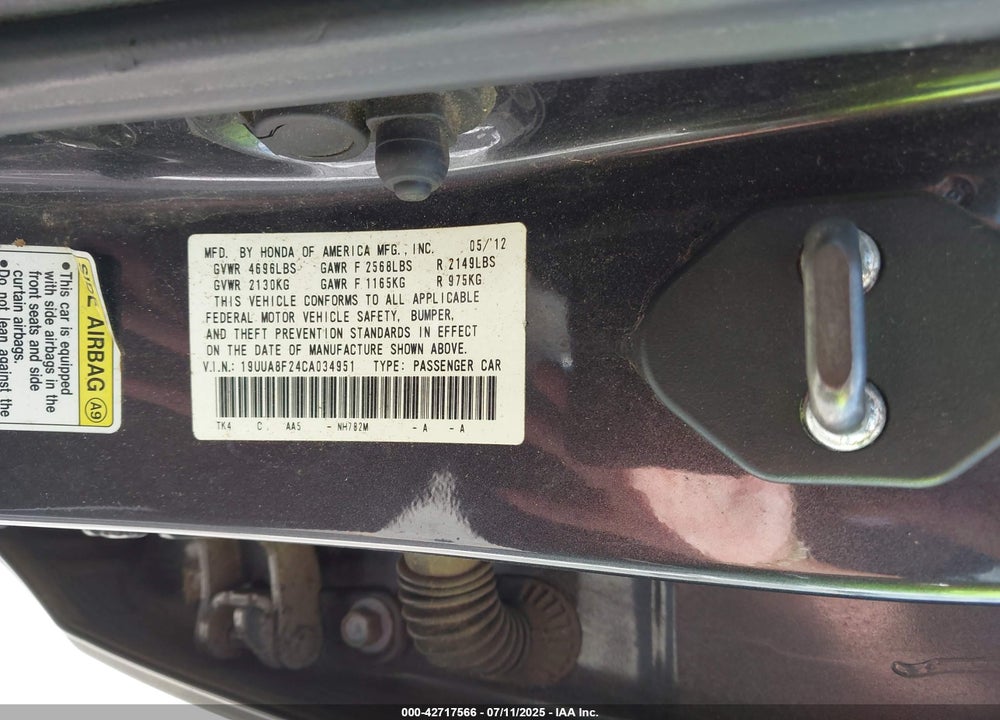 2012 ACURA TL VIN: 19UUA8F24CA034951