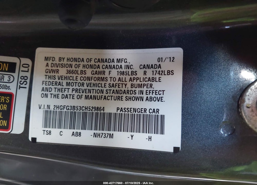 2012 HONDA CIVIC VIN: 2HGFG3B53CH529864