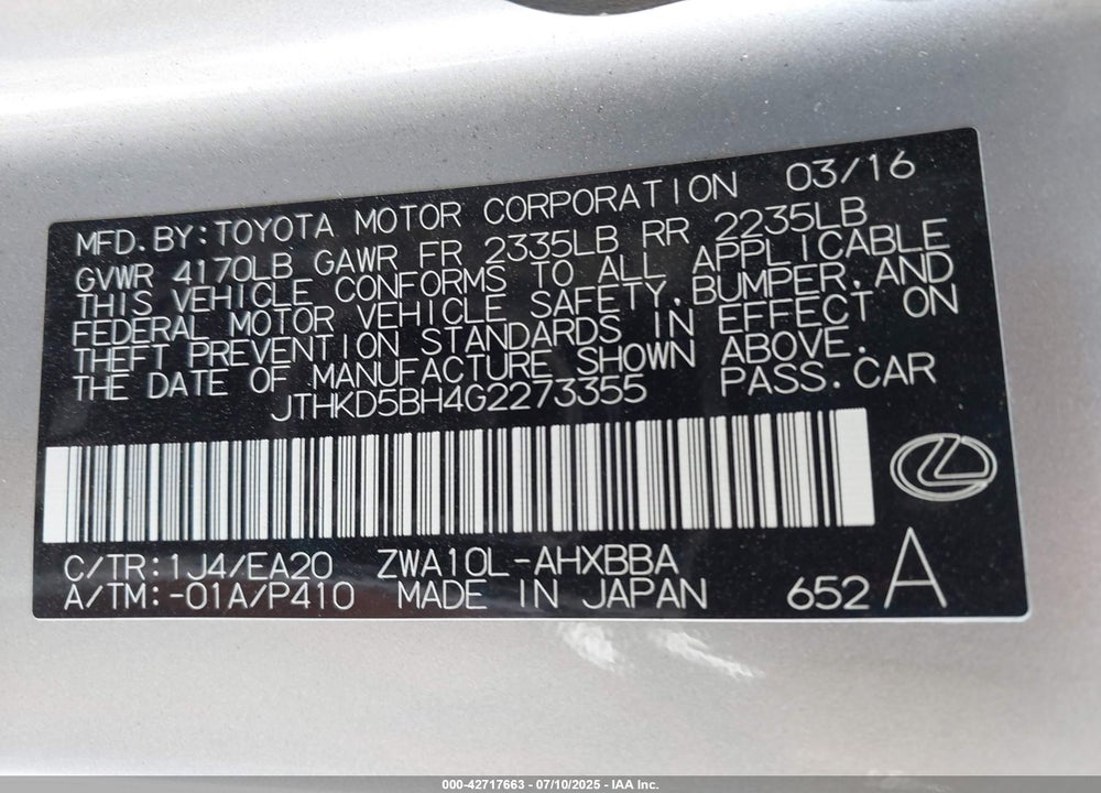 2016 LEXUS CT200H VIN: JTHKD5BH4G2273355