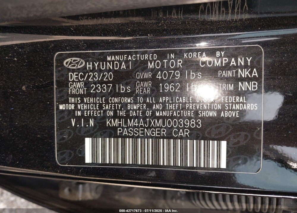 2021 HYUNDAI ELANTRA HYBRID VIN: KMHLM4AJXMU003983