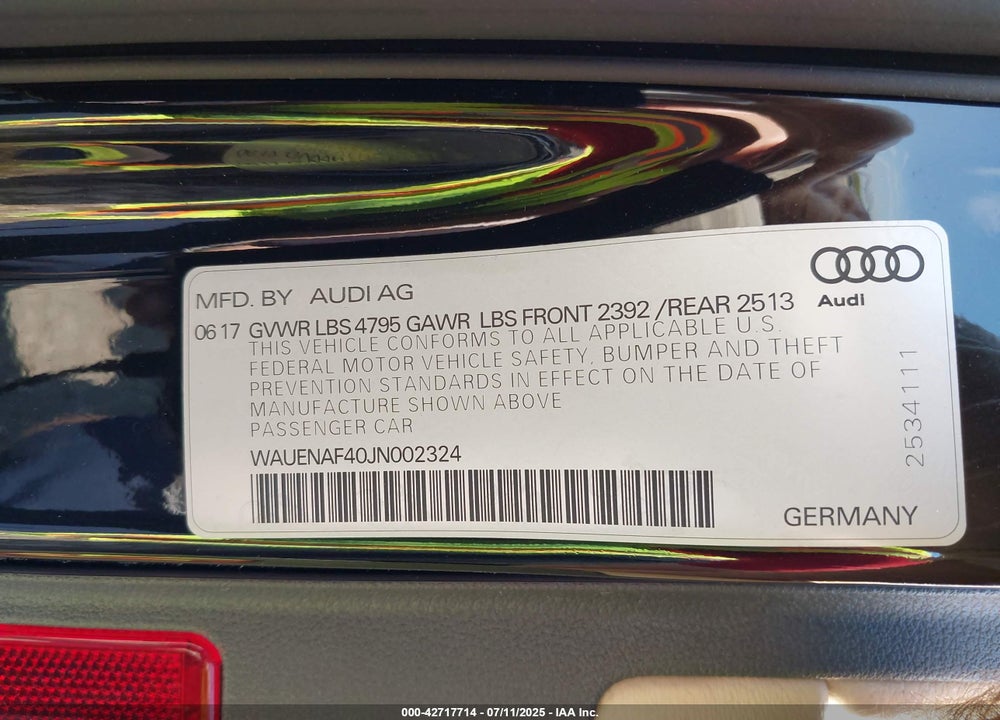 2018 AUDI A4 VIN: WAUENAF40JN002324