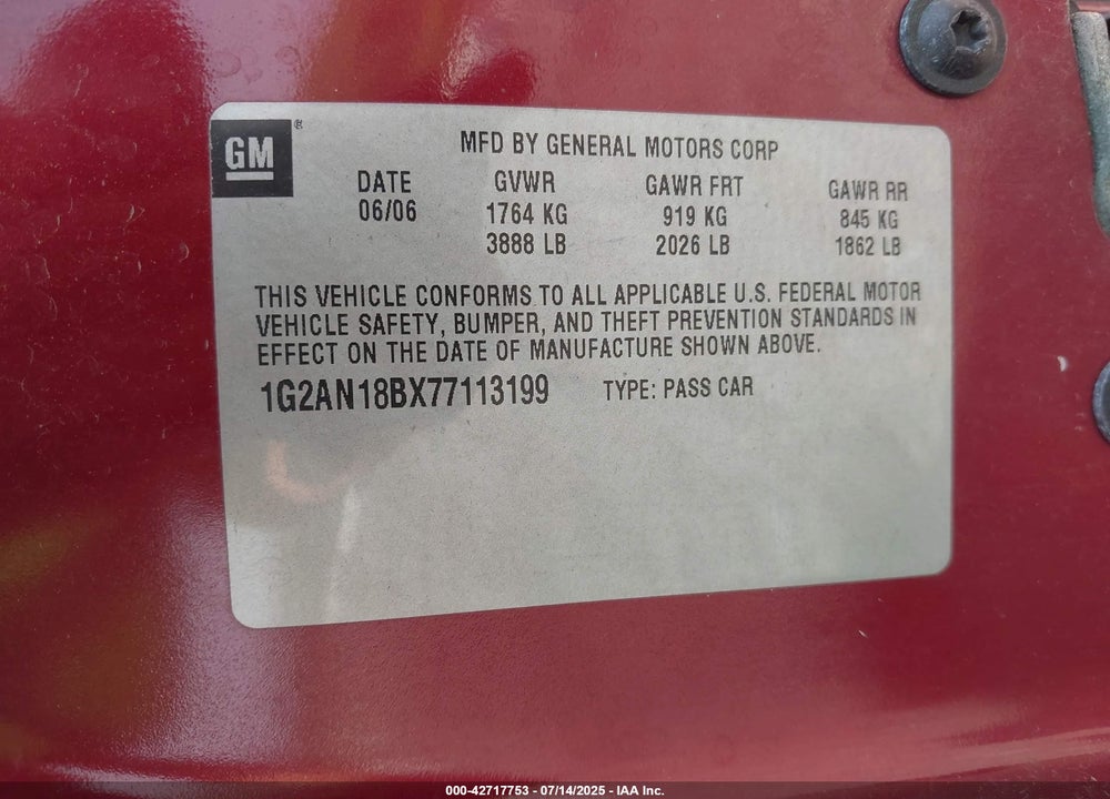 2007 PONTIAC G5 VIN: 1G2AN18BX77113199
