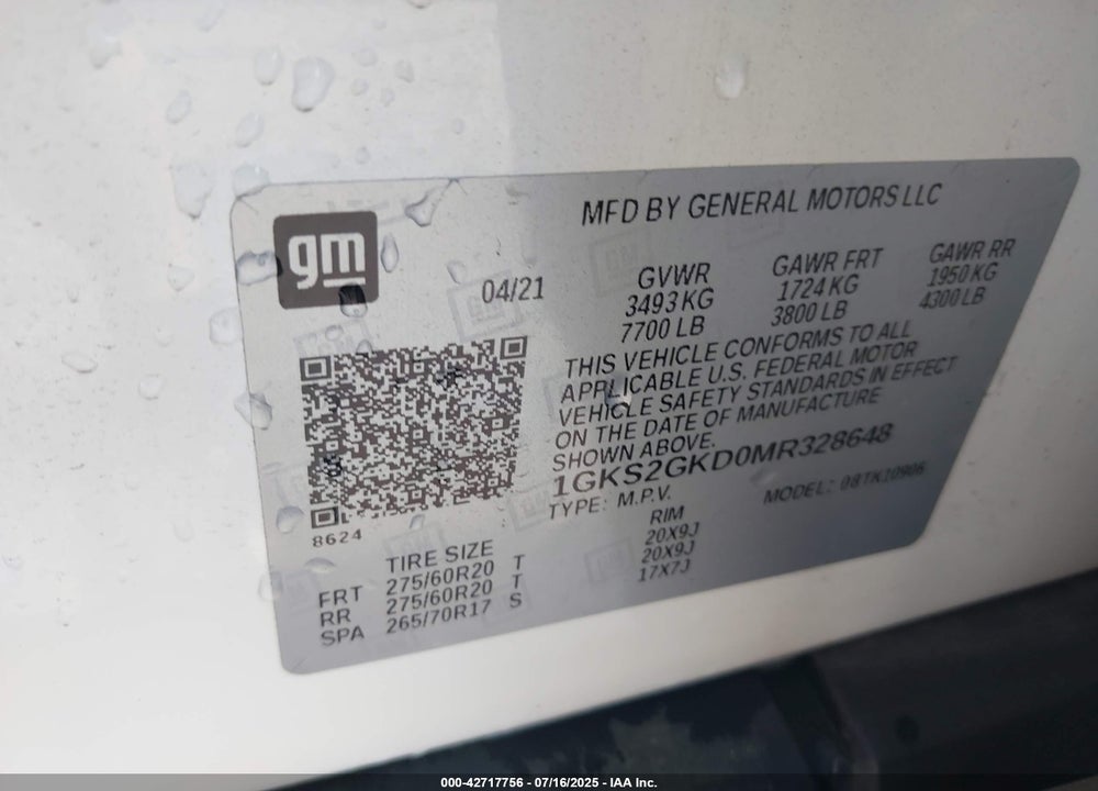 2021 GMC YUKON XL VIN: 1GKS2GKD0MR328648