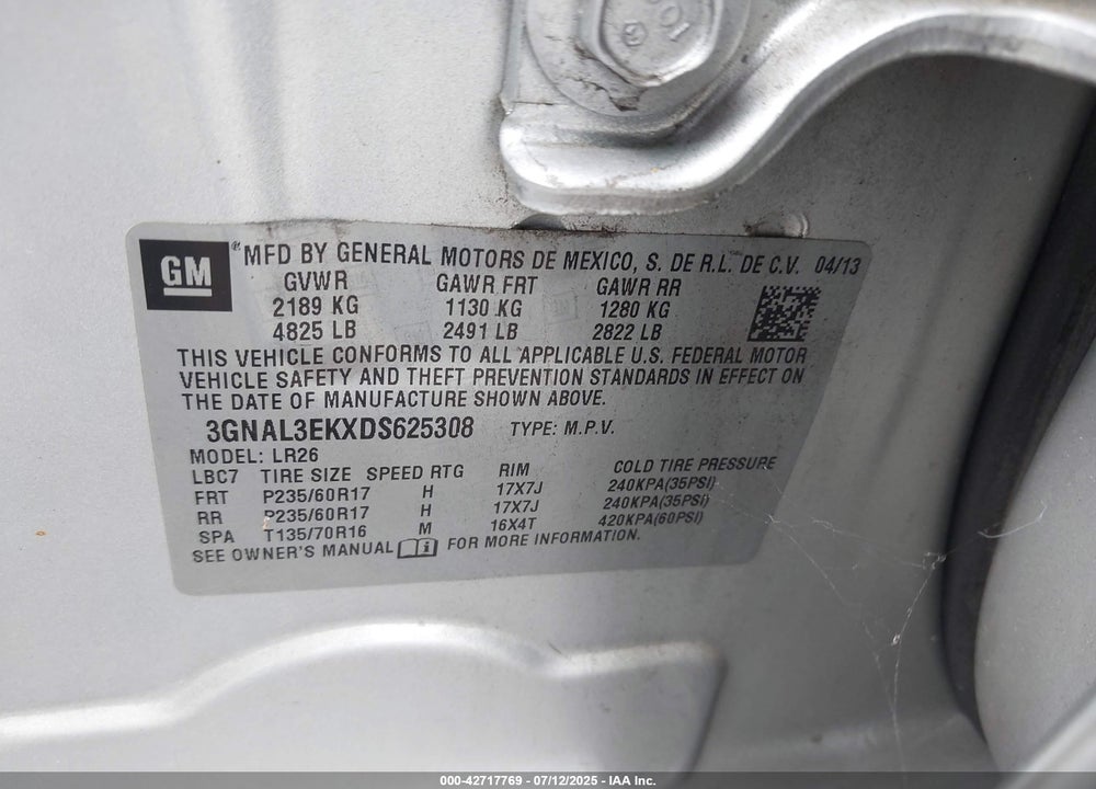 2013 CHEVROLET CAPTIVA SPORT VIN: 3GNAL3EKXDS625308