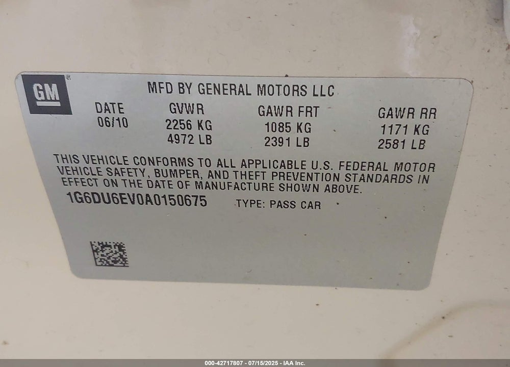 2010 CADILLAC STS VIN: 1G6DU6EV0A0150675