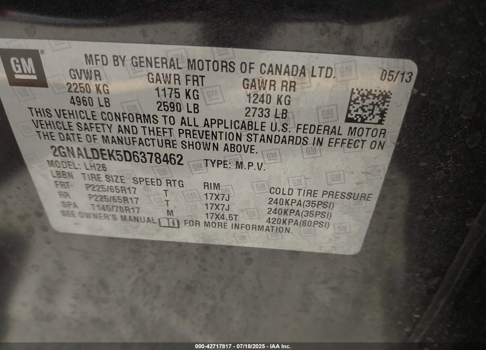 2013 CHEVROLET EQUINOX VIN: 2GNALDEK5D6378462