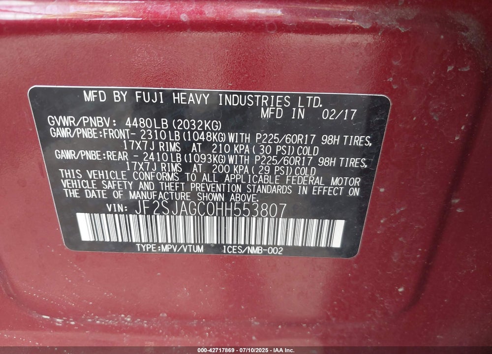 2017 SUBARU FORESTER VIN: JF2SJAGC0HH553807