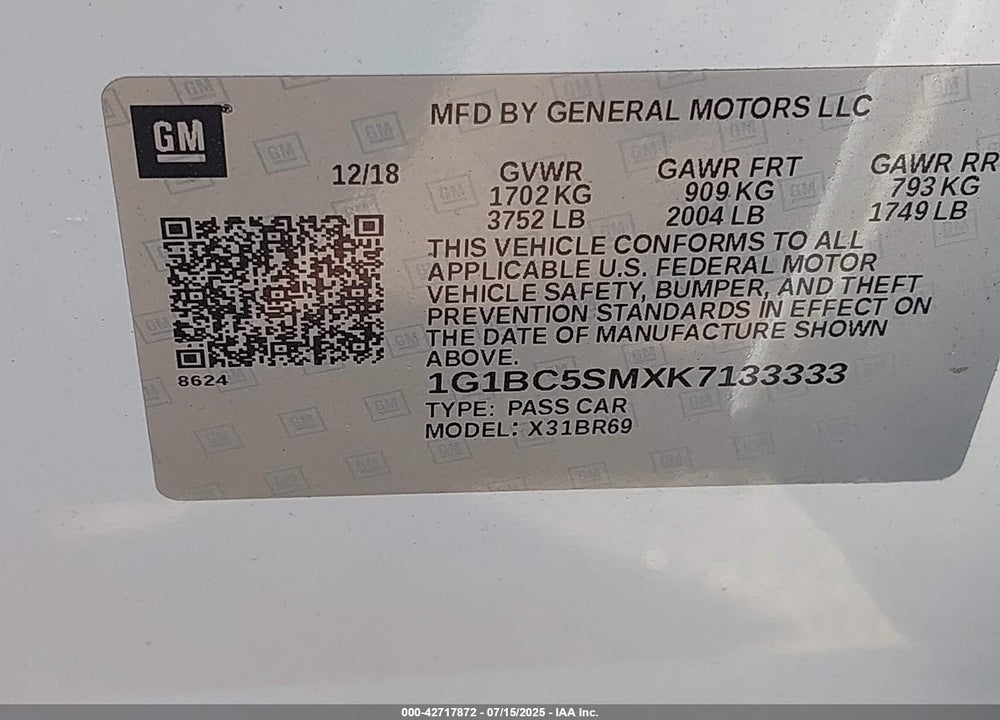 2019 CHEVROLET CRUZE VIN: 1G1BC5SMXK7133333