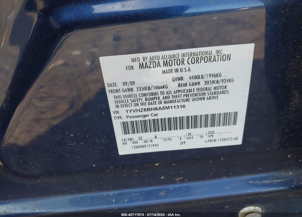2010 MAZDA MAZDA6 VIN: 1YVHZ8BH8A5M11316