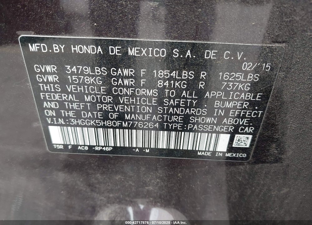 2015 HONDA FIT VIN: 3HGGK5H80FM776264