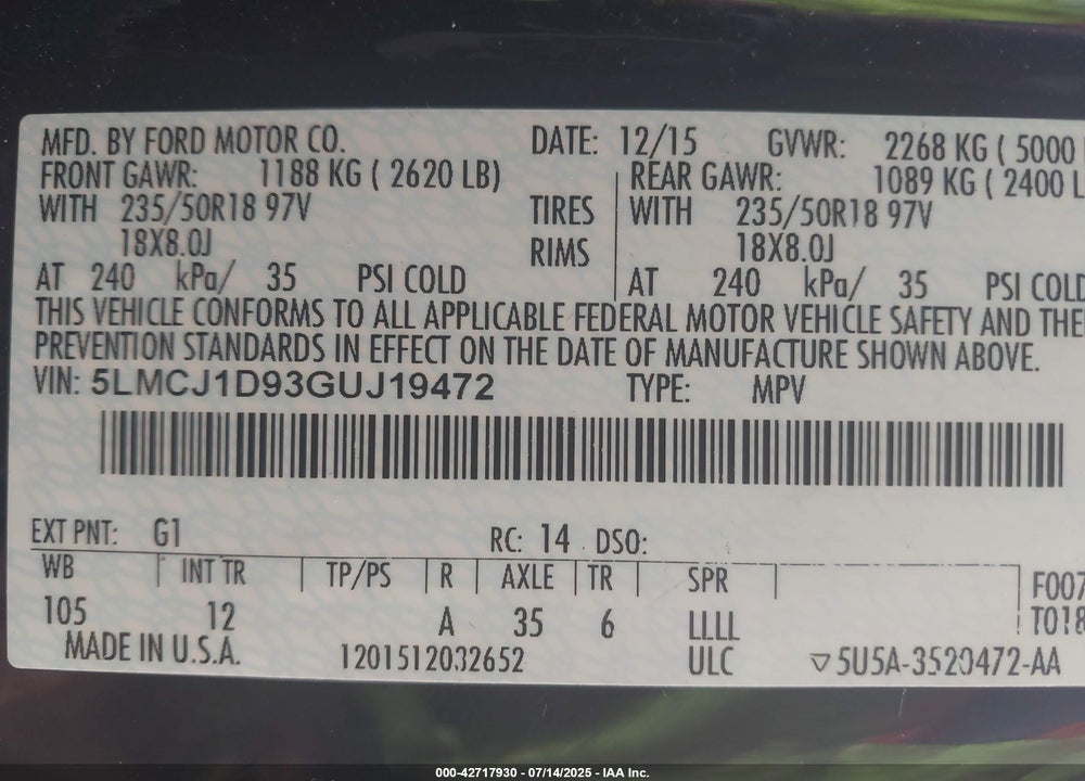 2016 LINCOLN MKC VIN: 5LMCJ1D93GUJ19472