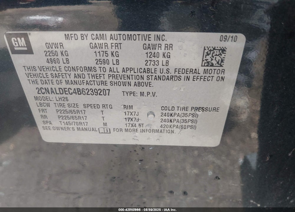 2011 CHEVROLET EQUINOX 1LT VIN: 2CNALDEC4B6239207