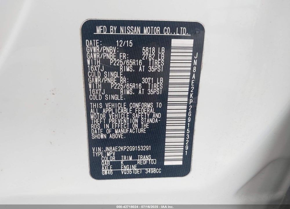 2016 NISSAN QUEST PLATINUM/S/SL/SV VIN: JN8AE2KP2G9153291