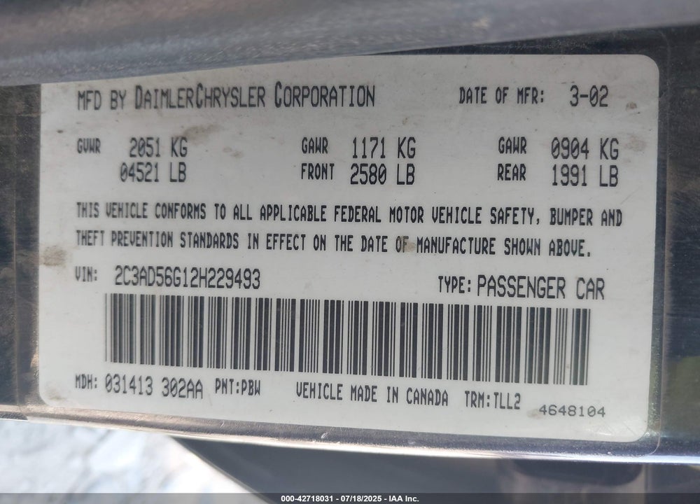 2002 CHRYSLER CONCORDE LIMITED VIN: 2C3AD56G12H229493