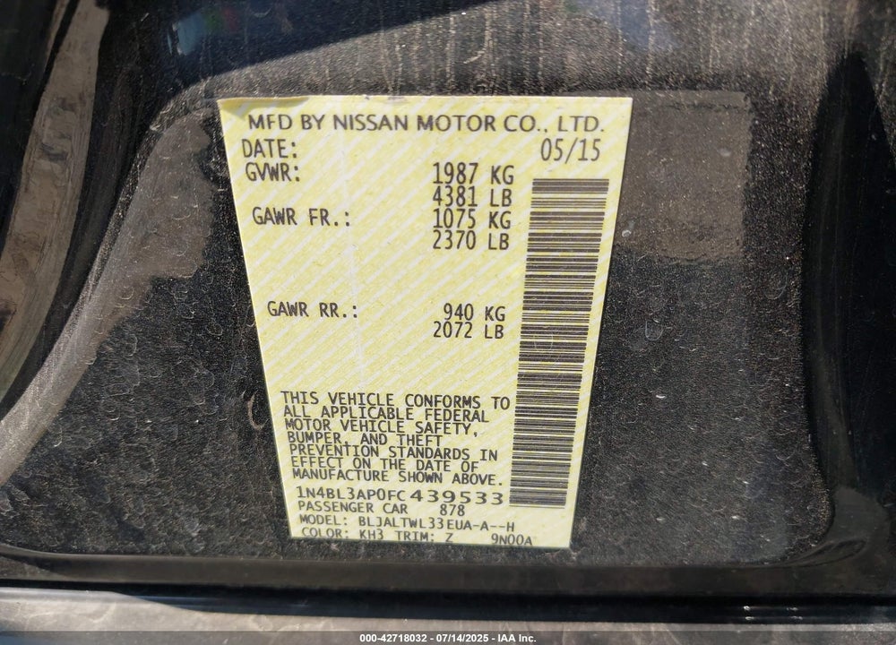 2015 NISSAN ALTIMA VIN: 1N4BL3AP0FC439533