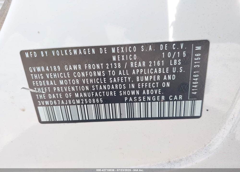 2016 VOLKSWAGEN JETTA VIN: 3VWD67AJ8GM250865