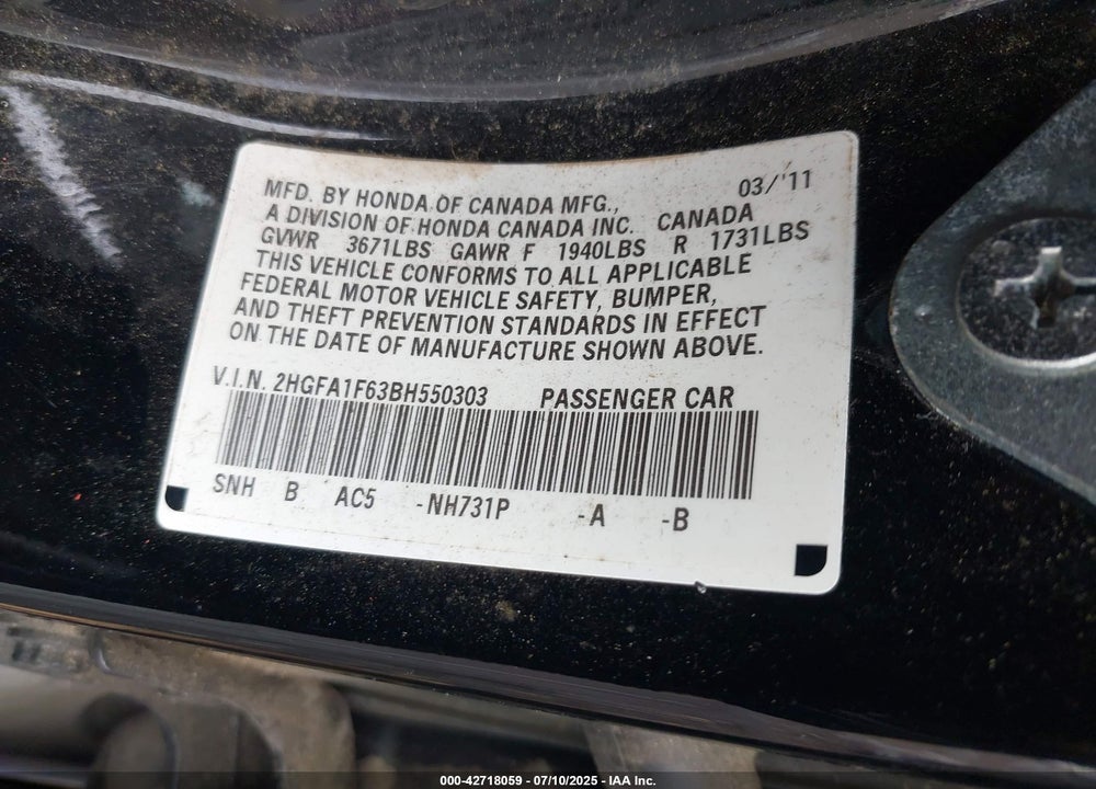 2011 HONDA CIVIC VIN: 2HGFA1F63BH550303