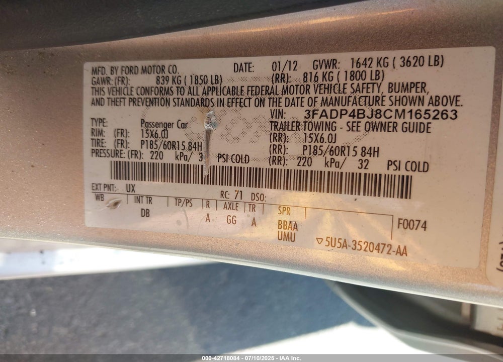 2012 FORD FIESTA VIN: 3FADP4BJ8CM165263
