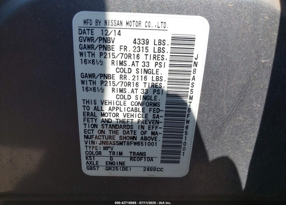 2015 NISSAN ROGUE VIN: JN8AS5MT8FW651001
