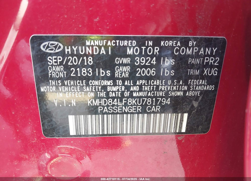 2019 HYUNDAI ELANTRA VALUE EDITION VIN: KMHD84LF8KU781794