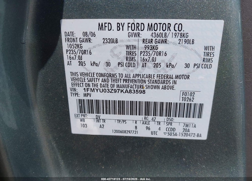 2007 FORD ESCAPE VIN: 1FMYU03Z97KA83598
