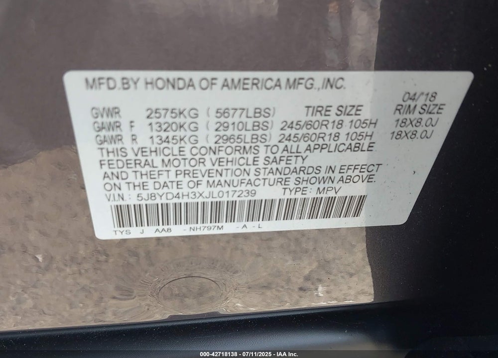 2018 ACURA MDX VIN: 5J8YD4H3XJL017239