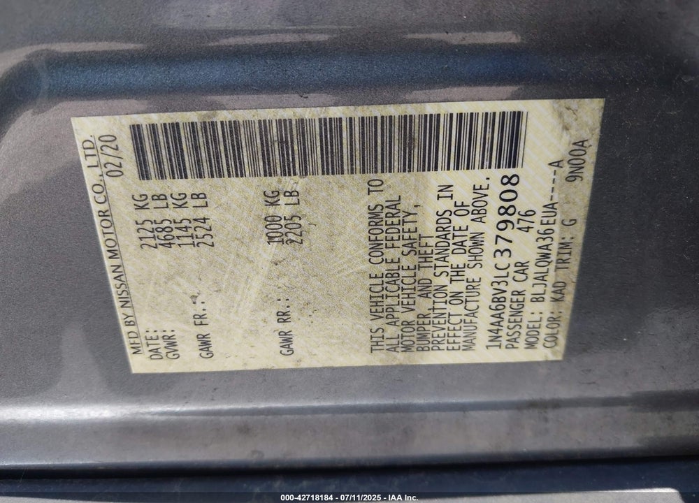 2020 NISSAN MAXIMA VIN: 1N4AA6BV3LC379808