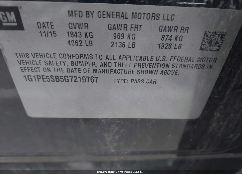 2016 CHEVROLET CRUZE LIMITED VIN: 1G1PE5SB5G7219767