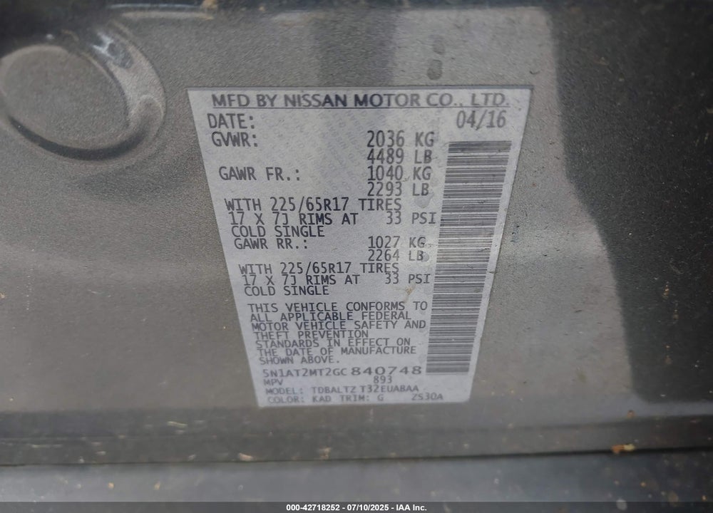 2016 NISSAN ROGUE SV VIN: 5N1AT2MT2GC840748