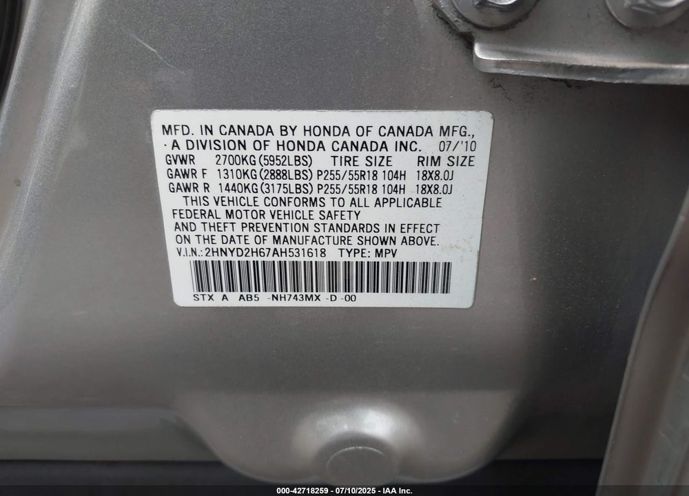 2010 ACURA MDX VIN: 2HNYD2H67AH531618