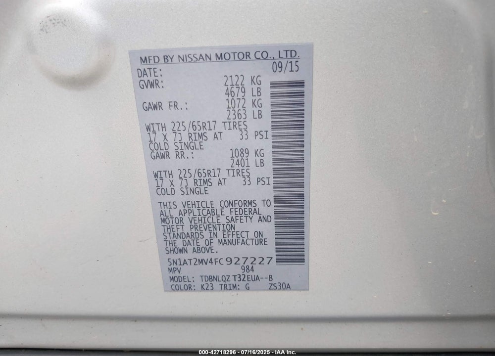 2015 NISSAN ROGUE VIN: 5N1AT2MV4FC927227