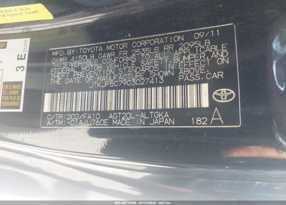 2012 SCION TC VIN: JTKJF5C79C3027413