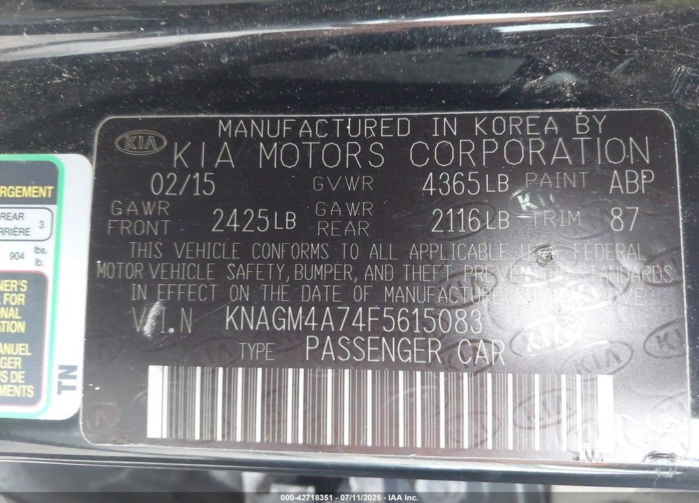 2015 KIA OPTIMA LX VIN: KNAGM4A74F5615083