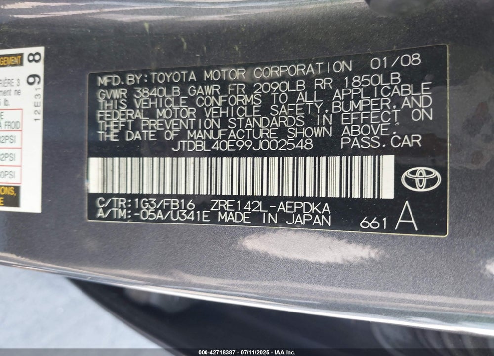 2009 TOYOTA COROLLA VIN: JTDBL40E99J002548