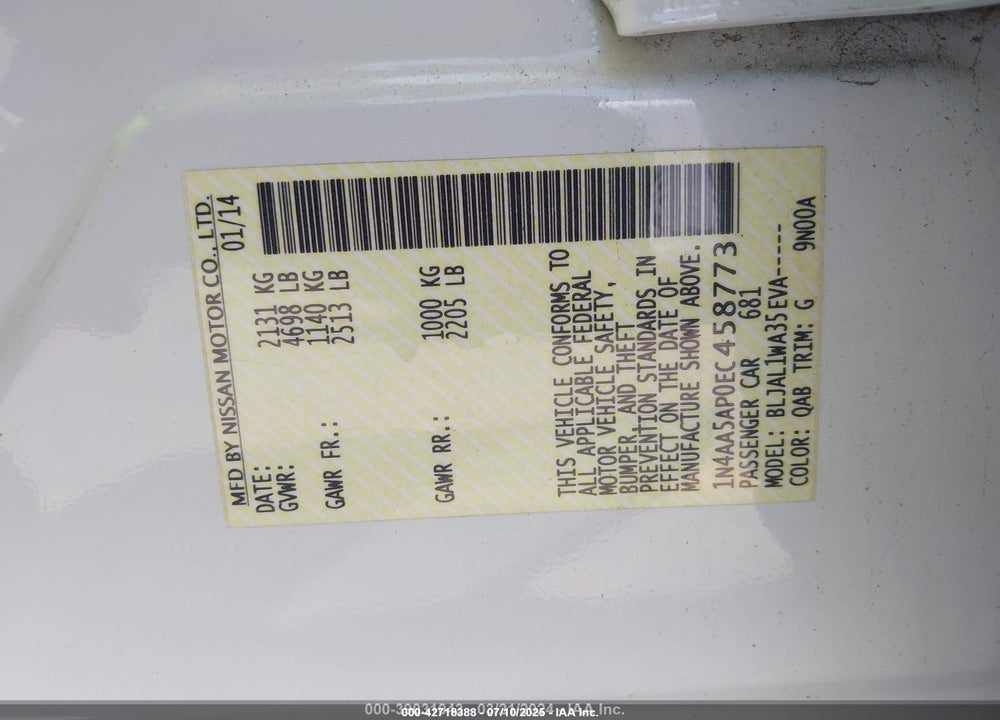 2014 NISSAN MAXIMA VIN: 1N4AA5AP0EC458773