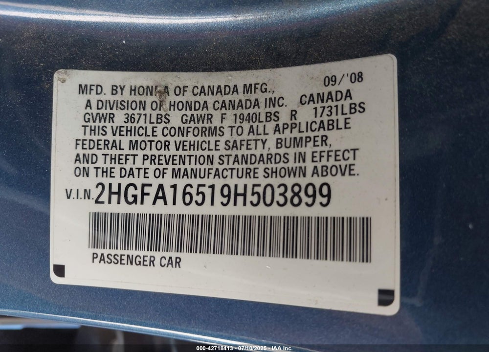 2009 HONDA CIVIC VIN: 2HGFA16519H503899