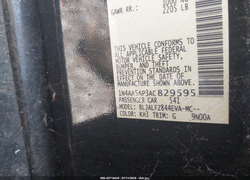 2010 NISSAN MAXIMA VIN: 1N4AA5AP3AC829595