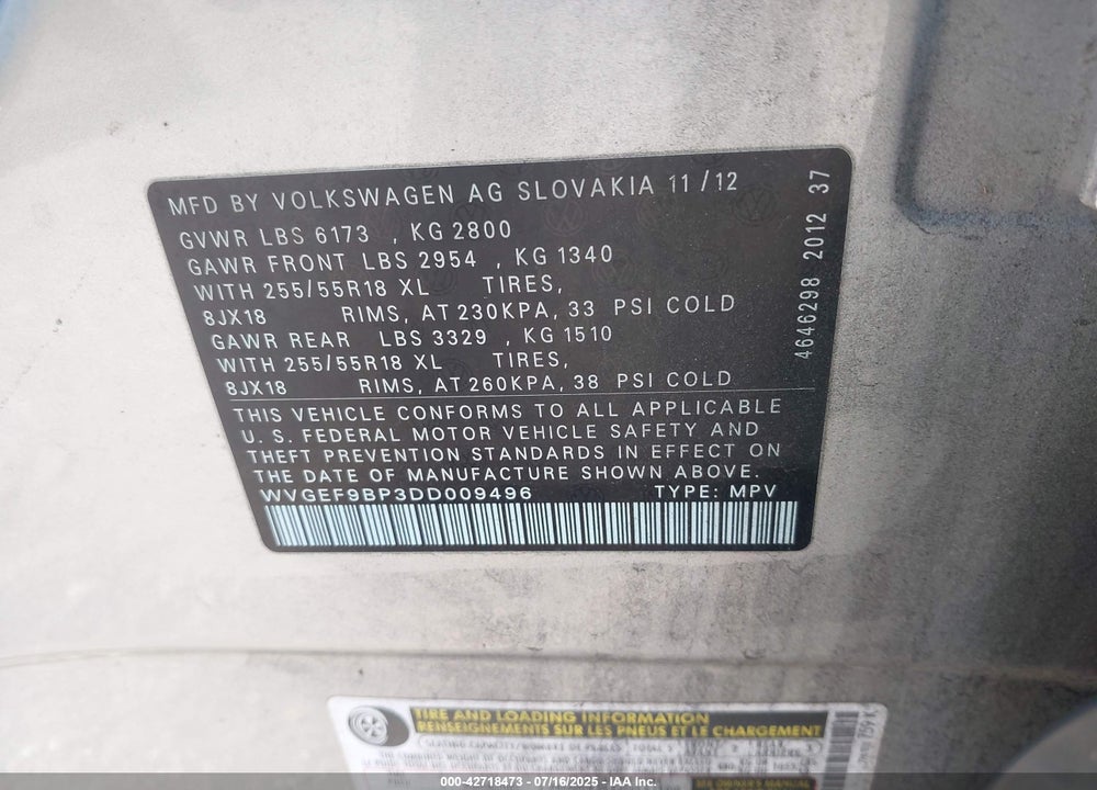 2013 VOLKSWAGEN TOUAREG VIN: WVGEF9BP3DD009496