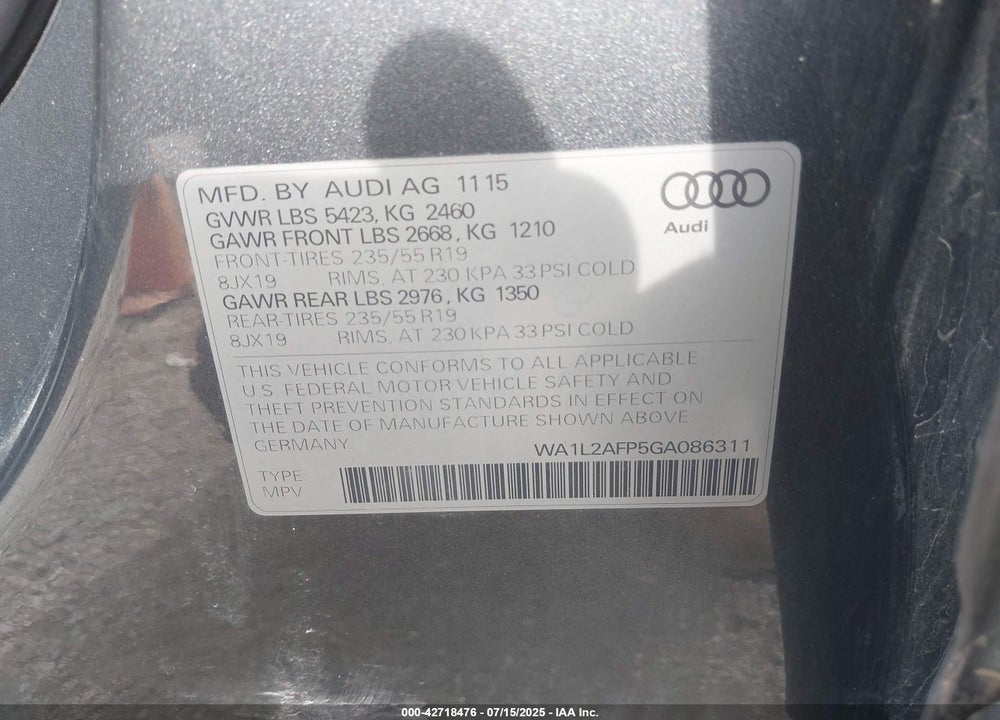 2016 AUDI Q5 VIN: WA1L2AFP5GA086311
