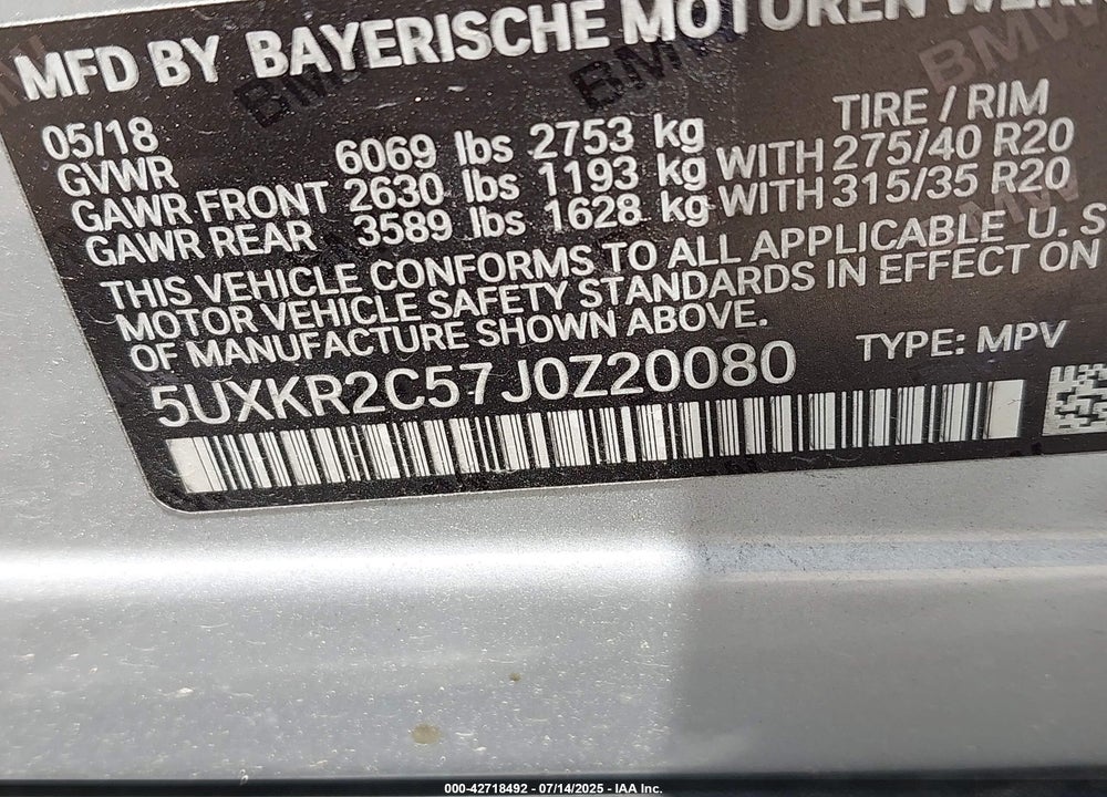 2018 BMW X5 VIN: 5UXKR2C57J0Z20080